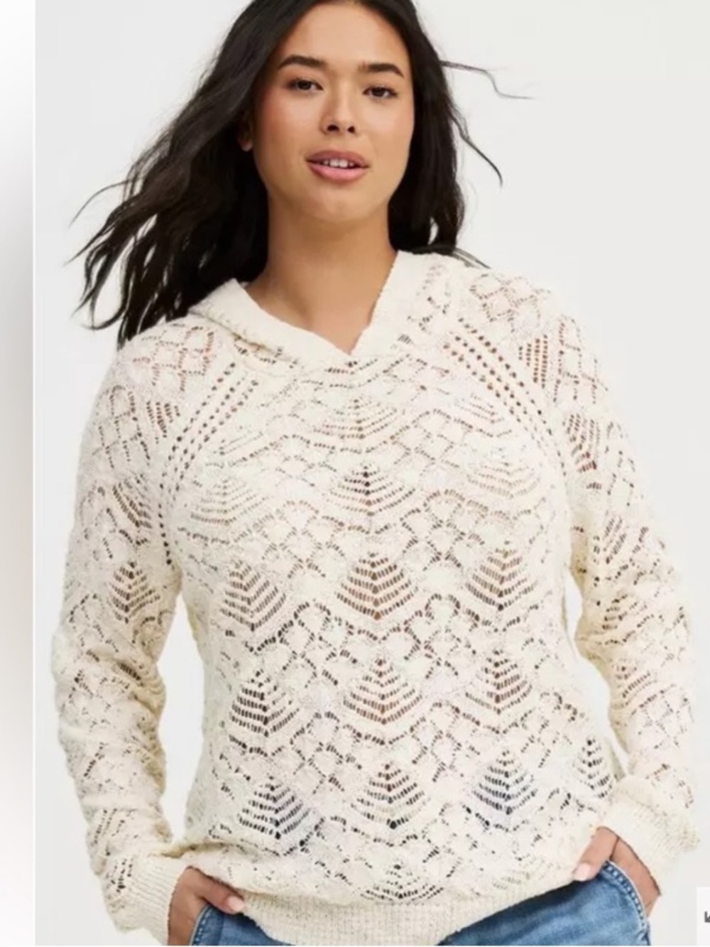Torrid Pointelle Crochet Cream Hoodie Sweater 2X NWT